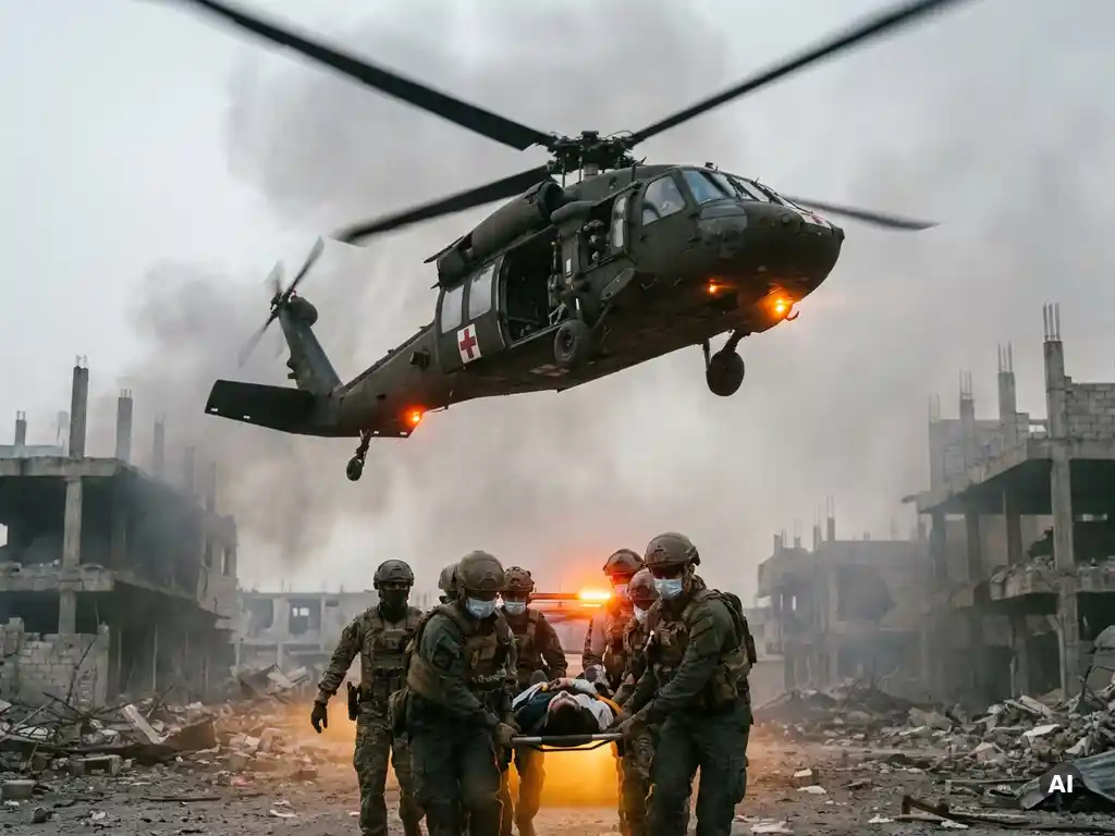 Military medical helicopter descending through combat smoke as tactical rescue crew loads a stretcher, war-damaged buildings below.